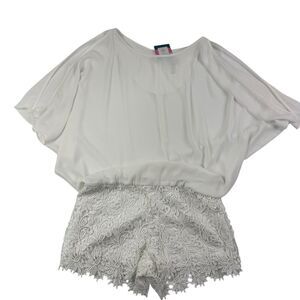 NEW Rubber Ducky Productions Romper Women Small White Shorts Split Sleeve
